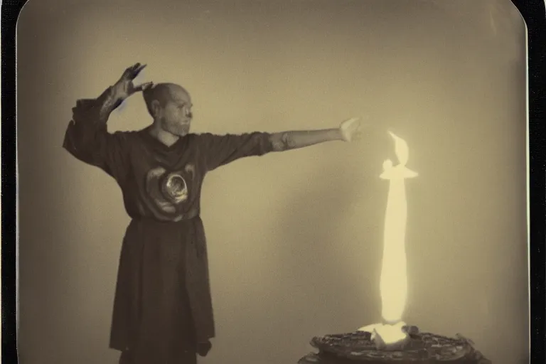 Prompt: old polaroid of a mage casting a spell, wide angle, full body