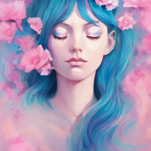 Prompt: very very very very beautiful portrait of a girl with blue flowing hear, portrait by loish, and Lois van Baarle, daily deviation, disney inspired, stunning masterpiece, semirealism, pink flower