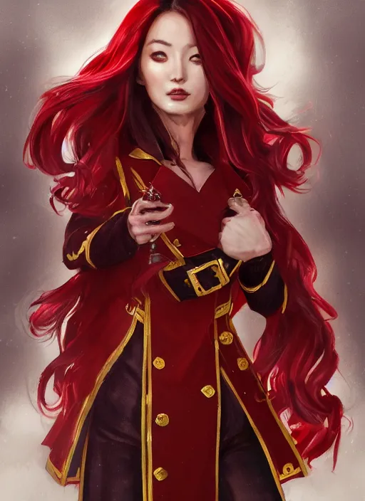 Image similar to a highly detailed illustration of meisa kuroki as a long dark red haired wearing wine red epaulette uniform and long coat cape, dramatic smiling pose, perfect face, intricate, elegant, highly detailed, centered, digital painting, artstation, concept art, smooth, sharp focus, league of legends concept art, wlop