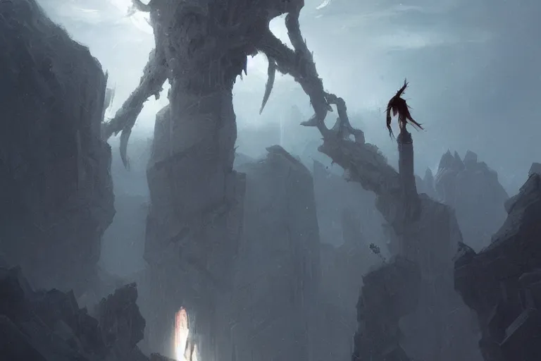 Image similar to a beautiful terrifying pale humanoid giant looms over a tiny human. ethereal fantasy art by greg rutkowski