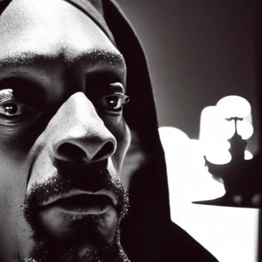 Prompt: Noir film still of Snoop Dogg starring as Hamlet, split lighting, portrait photograph