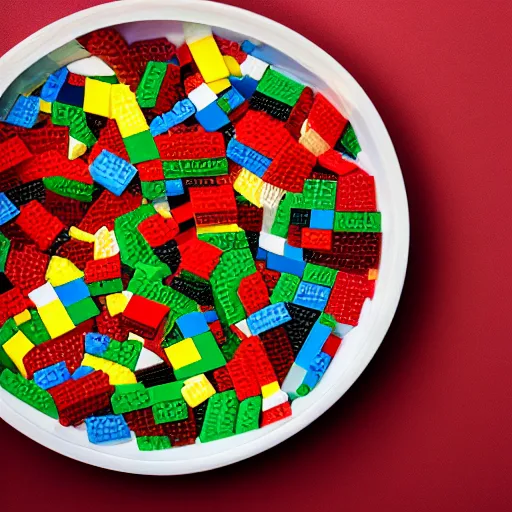 Image similar to professional food photography of a bowl of lego, stunning, 4 k