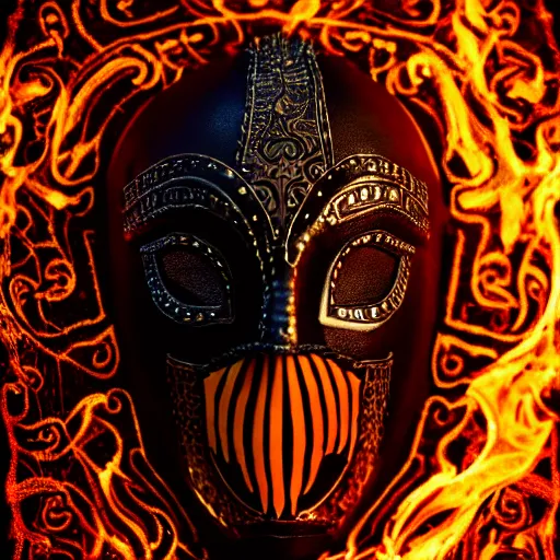 Image similar to an elaborate intricate mask made of flames on an obsidian slab, rendered in octane, behance hd, bokeh obsidian backdrop