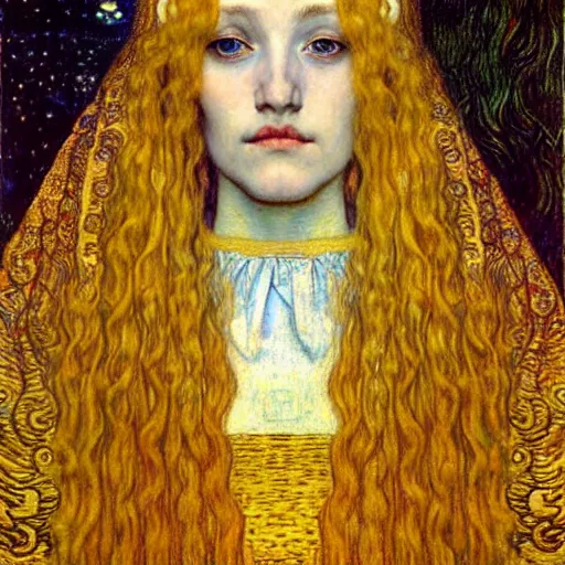 Image similar to detailed realistic beautiful young medieval queen face portrait by jean delville, gustav klimt and vincent van gogh, art nouveau, symbolist, visionary, gothic, pre - raphaelite