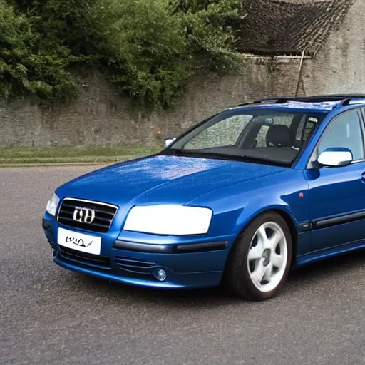 Prompt: denim blue audi a 4 b 6 avant ( 2 0 0 2 ) mowing down a crowd