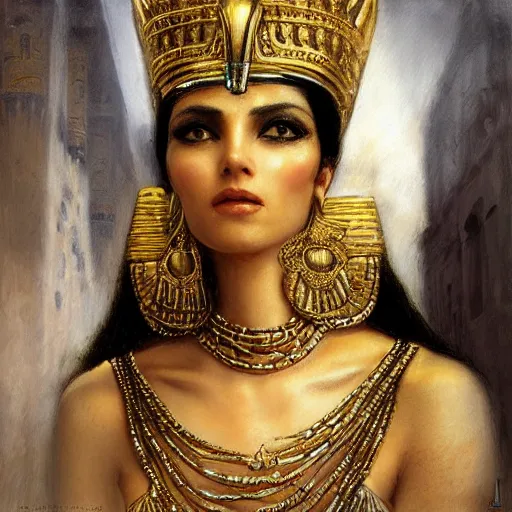 Prompt: elegant egyptian queen woman by a cemetary, detailed face, with a crown of skulls, skull earings, painting by Gaston Bussiere, Craig Mullins