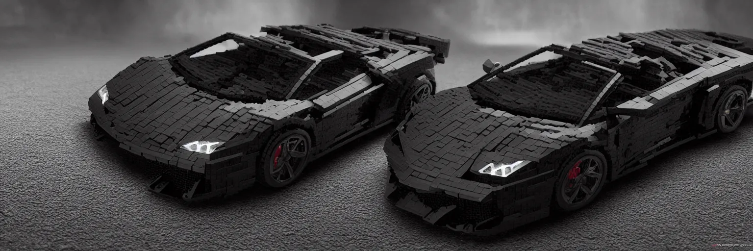 Prompt: black lego lamborghini. soft light. dark background. cinematic. intricate. close - up shot. highly detailed. matte painting in the style of craig mullins