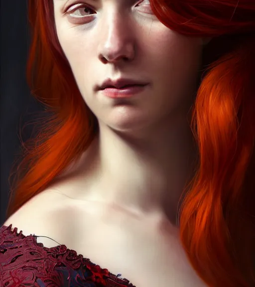 Image similar to portrait of a auburn hair, female, teacher, red wine, in heightened detail, poised, intense emotion, detailed facial expression, 8 k, hyperrealistic, detailed surroundings, intricate, elegant, highly detailed, centered, digital painting, cgsociety, concept art, smooth, sharp focus, illustration, by ( ross tran ), wlop