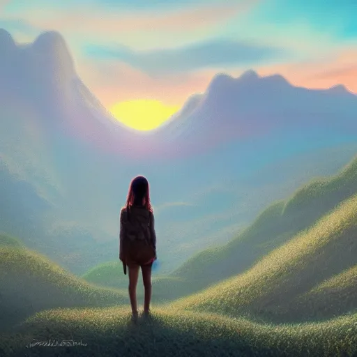 Prompt: highly detailed art on artstation, a girl stood in the blossoming sunset valley, pondering the mountains in the distance. peaceful pastel palette, matte painting