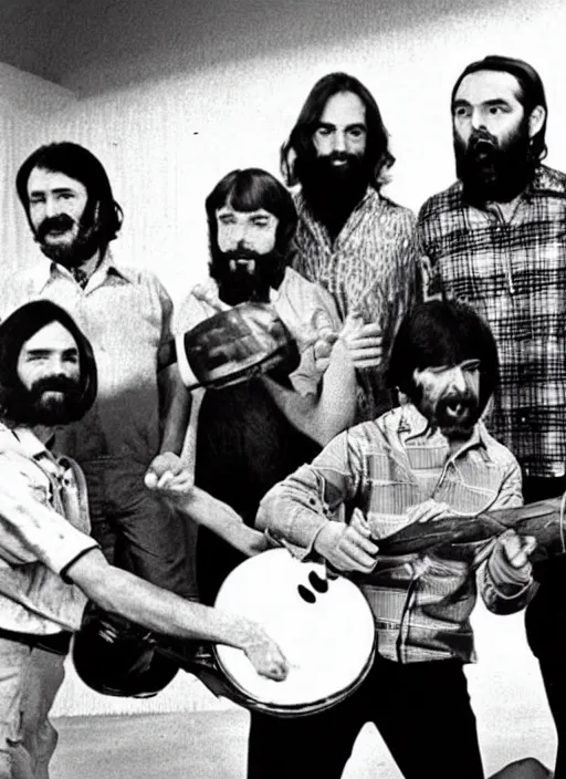 Image similar to vintage magazine photo depicting charles manson playing tambourine with the beach boys