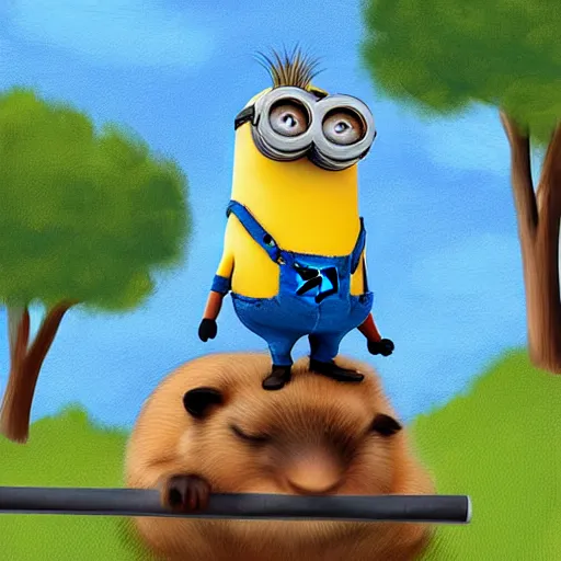 Prompt: a minion riding a capybara, digital art