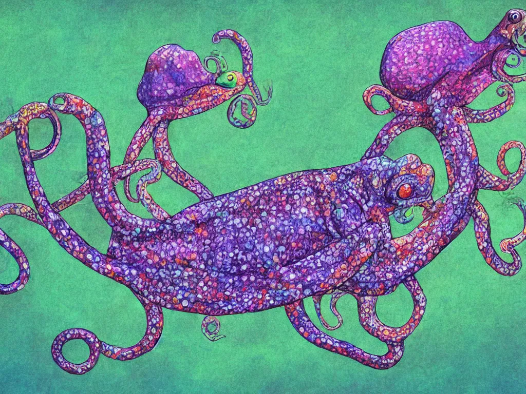 Prompt: chameleon on tree and octopus seen in the lake under the tree, high detail, highly abstract, digital art, 4 pastel colors