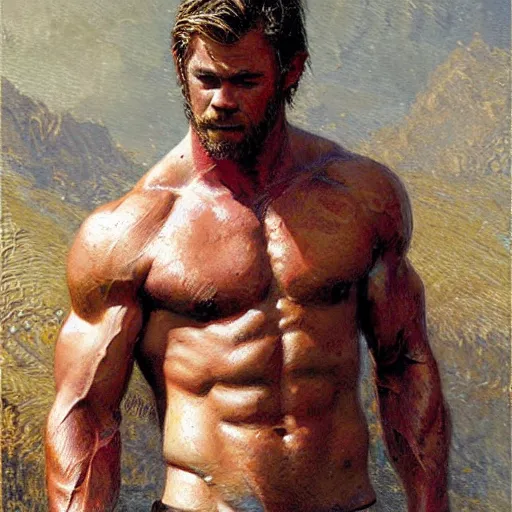 Prompt: Chris Hemsworth with a hairy shredded body type, painting by Gaston Bussiere, Craig Mullins