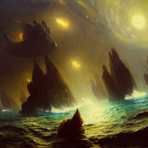 Image similar to point of view of deep in the ocean looking up, you see fishes, higher up you see very clearly the milk way illuminating the sea down bellow. highly detailed painting by gaston bussiere, greg rutkowski 8 k