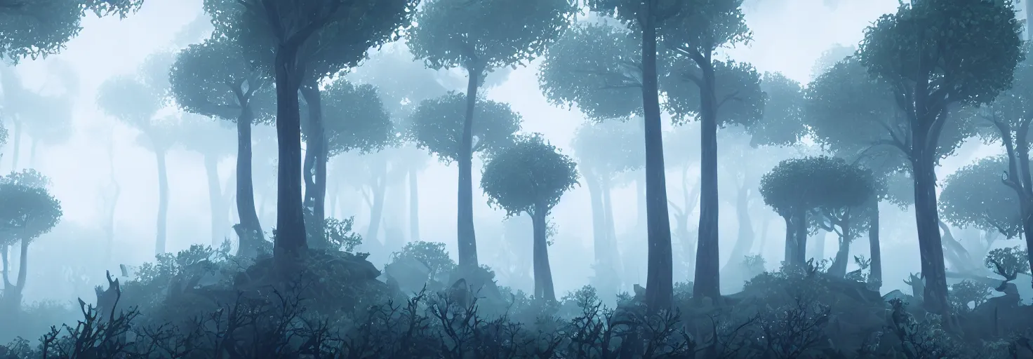 Image similar to enchanted magical mysterious forest, parallax layer from a gorgeous indie platform game, on a white background, intricate, highly detailed, volumetric fog, masterpiece