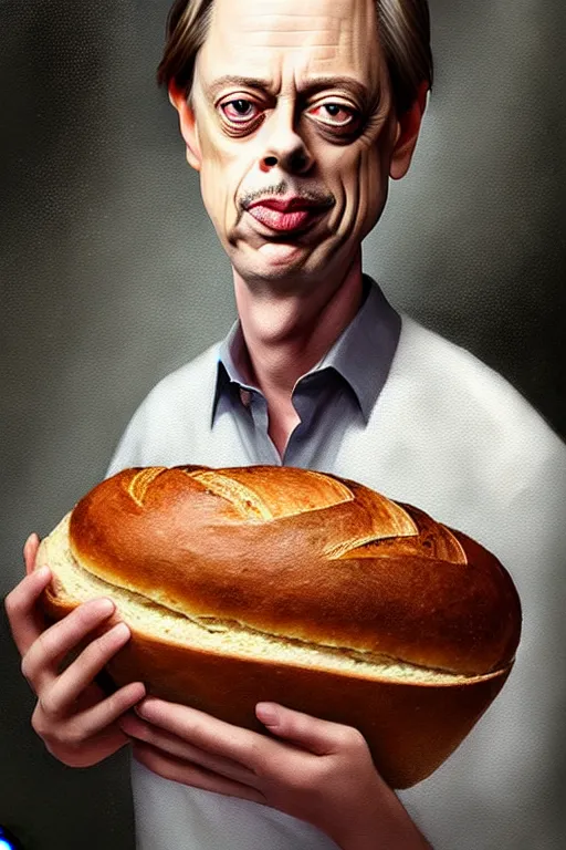 Image similar to beautiful portrait half steve buscemi wearing sourdough bread, by greg rutkowski