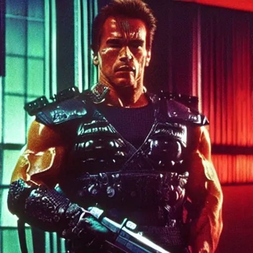 Prompt: schwarzenegger as cyberpunk samurai, 1 9 8 0 s movie still frame, art by ridley scott