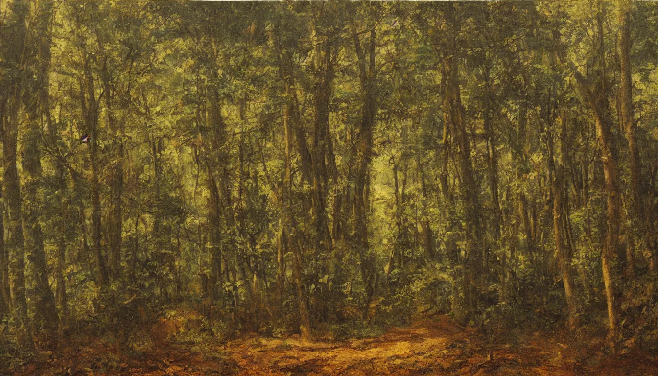 Prompt: a clearing in a forest painted by John Shroades