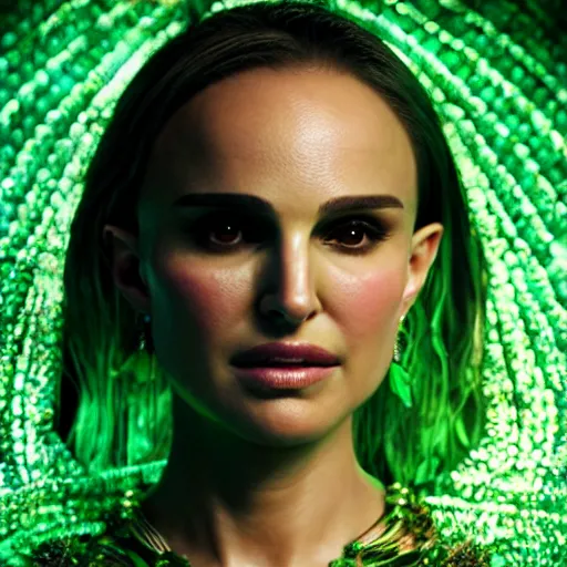 Image similar to portrait natalie portman, glowing, ornate and intricate green jewelry, jaw dropping beauty, glowing background lighting, green accent lighting, hyper detailed, fairy tale, 4 k octane render