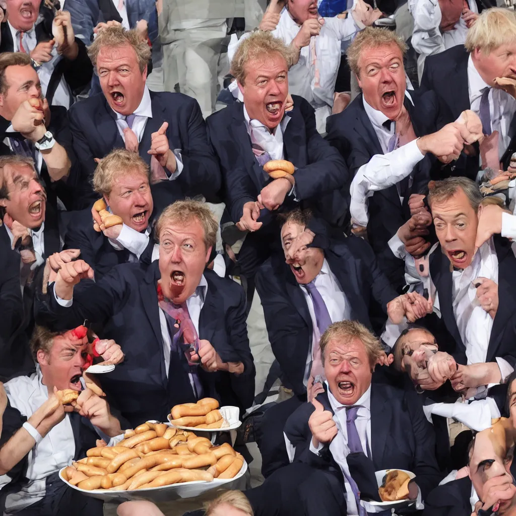 Image similar to jeremy clarkson shouting angry, nigel farage shouting angry, boris johnson shouting angry, all fighting over hot dogs