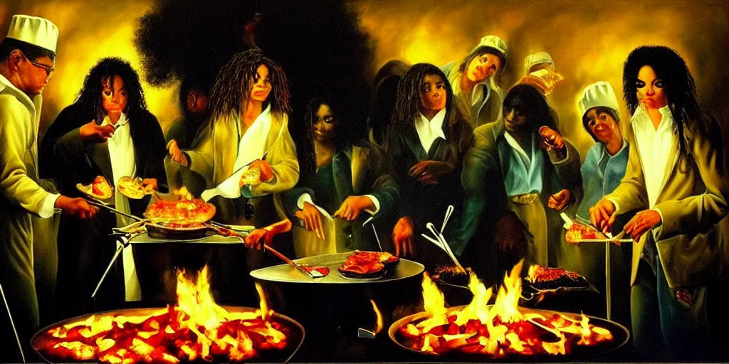 Prompt: michael jackson cooking a bbq in heaven, abstract oil painting by gottfried helnwein pablo amaringo raqib shaw zeiss lens sharp focus high contrast chiaroscuro gold complex intricate bejeweled