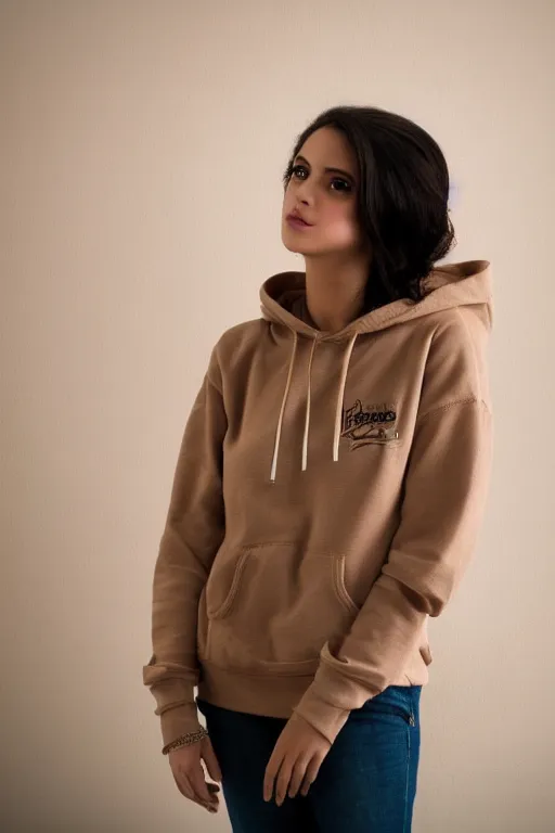 Image similar to short brown hair Arab Spanish shy beautiful young woman in a beige hoodie, Diwani calligrapher using bamboo pen, cinematic lighting, realistic, rule of thirds, photograph