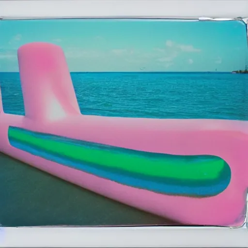 Image similar to a pastel colour high fidelity wide angle Polaroid art photo from a holiday album at a seaside of a large pink ship in the sea surrounded with abstract inflatables, all objects made of transparent iridescent Perspex and metallic silver, a grid of sun beds iridescence, nostalgic