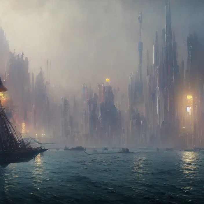 Prompt: a beautiful painting of a cyberpunk city on the sea by ivan aivazovsky and greg rutkowski and james gurney and frank lloyd, in style of unreal engine 5. hyper detailed, sharp focus, soft light. unreal engine 5 lumen. ray tracing. trending on artstation.