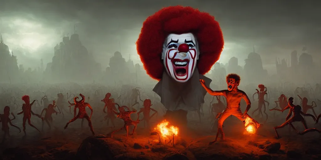 Prompt: samuel jacksons face on spongebobs body battling a horde of clown faced aliens, digital art, landscape, fantasy art, octane render, unreal engine, high detail, very realistic, by greg rutkowski. by james gurney