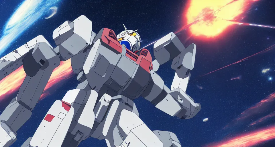 Image similar to RX-78-2 in the science fiction anime series gundam by makoto shinkai, flying through space, beautiful, interstellar, cinematic, shooting star