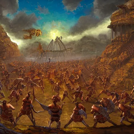 Image similar to arena gladiator battle to cheering crowd on ancient post - apocalyptic planet, jim henson creature shop, vivid and colorful, thomas kincaid, cinematic, oil painting, highly detailed, illustration