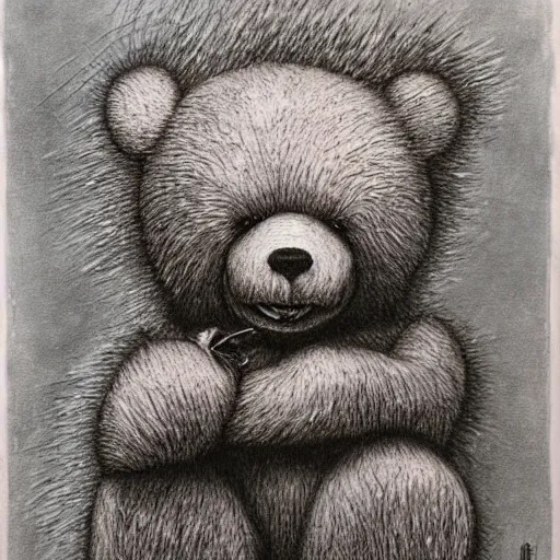 Prompt: grunge drawing of a cartoon teddy bear by - Zdzisław Beksiński, horror themed, detailed, elegant, intricate