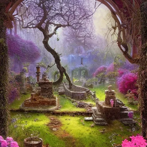 Prompt: the garden with a fantasy grave ; to dig my flowers garden ; after i die ; after you die ; to dig yours ; to beg them ; to be wet from dawn to dawn ; tree growing from the grave, concept art, mystic garden, ultrarealistic, fantasy by ferdinand knab and adrian ghenie brushes, vivid colours