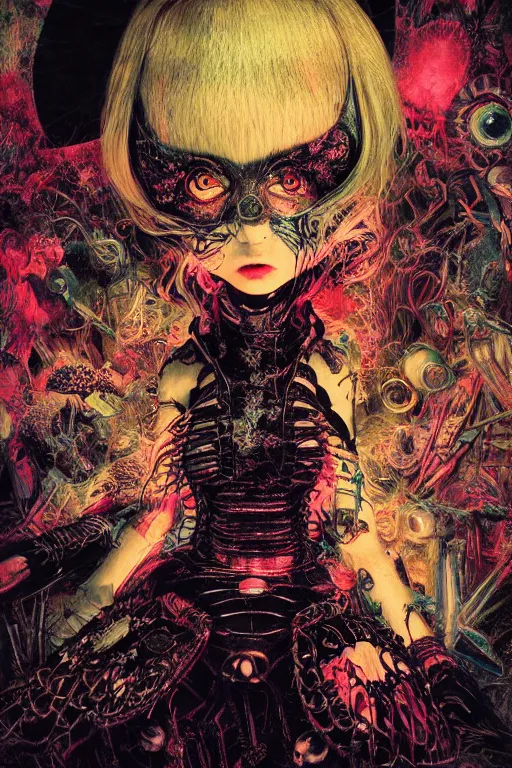 Image similar to Gothic girl face, 60s kitsch and psychedelia, dark background. digital art. amazing quality. perfect lighting. Professional design. Great composition. by Ayami Kojima and Tomoyuki Yamasaki and Tsutomu Nihei, octane render, award winning art. impressive colors. trending on artstation. James Ensor style