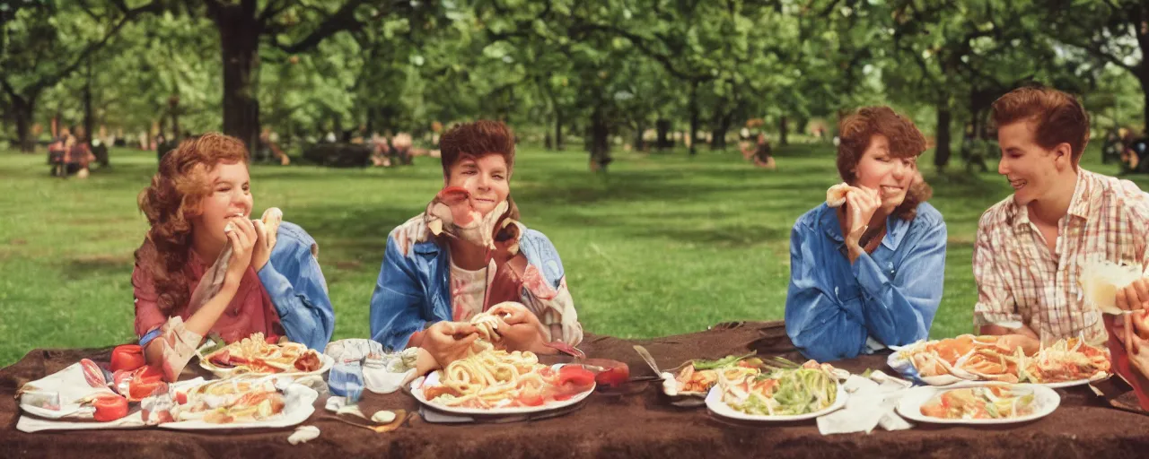 Prompt: young couple enjoying a spaghetti picnic in the park, high detail, perfect face, canon 5 0 mm, cinematic lighting, photography, retro, film, kodachrome