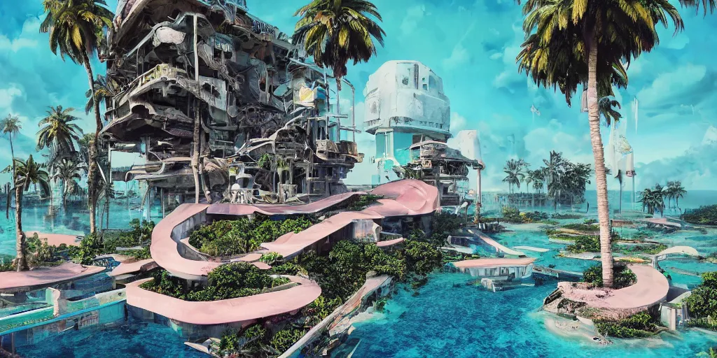 Prompt: artgem and Beeple masterpiece, hyperrealistic surrealism, award winning masterpiece with incredible details, stunning virtual world abandoned resort with palm trees around a pool, a surreal vaporwave liminal space, metaverse, highly detailed, trending on ArtStation, calming, meditative,, sharp details, dreamscape