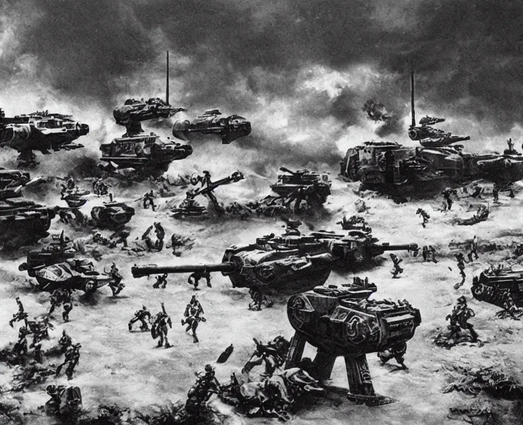 Image similar to an old photograph from 1942 of an AT-AT from star wars mixed with a WW2 German panzer tank with stormtroopers storming Normandy