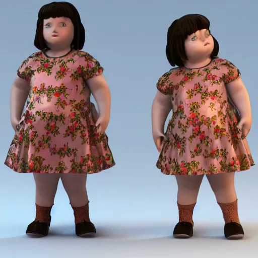 Image similar to the little fat girl is modelling to the camera. flowery dress. wire frame on mesh. 3 d zbrush model. beautiful hands and legs. subsurface scattering shiny skin. beautiful lighting, 4 k post - processing, trending in art station, cg society, highly detailed, 5 k extremely detailed, 3 d. cinematic scene. sharp image