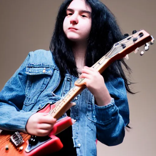 Image similar to 19-year-old girl with long shaggy black hair, wearing denim jacket and bell-bell-bottom jeans, playing electric guitar, stoner metal concert, heavy blues rock, doom metal, 30mm photography