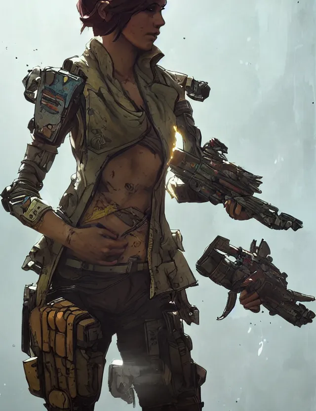 Image similar to a young female soldier as borderlands 3 concept art, art by ryo shiotani and greg rutkowski, intricate, beautiful, cute, cinematic lighting, vintage art by serge ivanoff, high resolution, very detailed