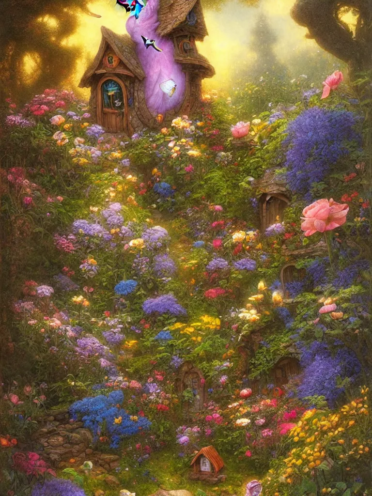 Image similar to a whimsical fairy house in a beautiful garden of flowers Justin Gerard, morning light, tarot card