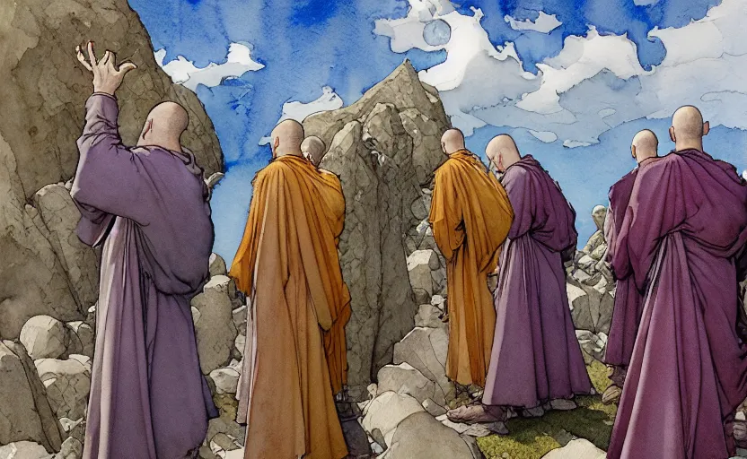 Image similar to a hyperrealist watercolour concept art of a group of medieval monks in grey robes pointing up at five large stones floating in the sky. by rebecca guay, michael kaluta, charles vess and jean moebius giraud. high detail, hq, wide shot