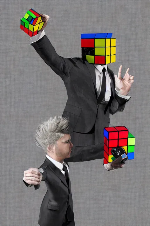 Prompt: a hyper - realistic hyper - detailed fine painting of a man wearing a suit and with a rubik's cube head, ultra - realistic detailed surrealism, magical realism, octane render