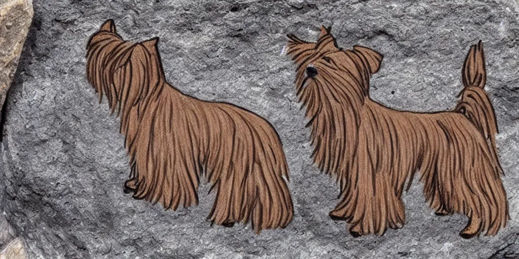 Image similar to A Yorkshire Terrier drawn on the stone of a cave, a petrogliph, art by Pueblan peoples, stone art