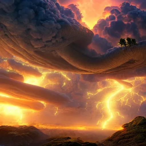 Prompt: golden eastern sky dragon, alien flowers, landscape wide shot, thunderstorm, unreal 5 render, digital art, octane render, beautiful composition, trending on artstation, award - winning photograph, masterpiece