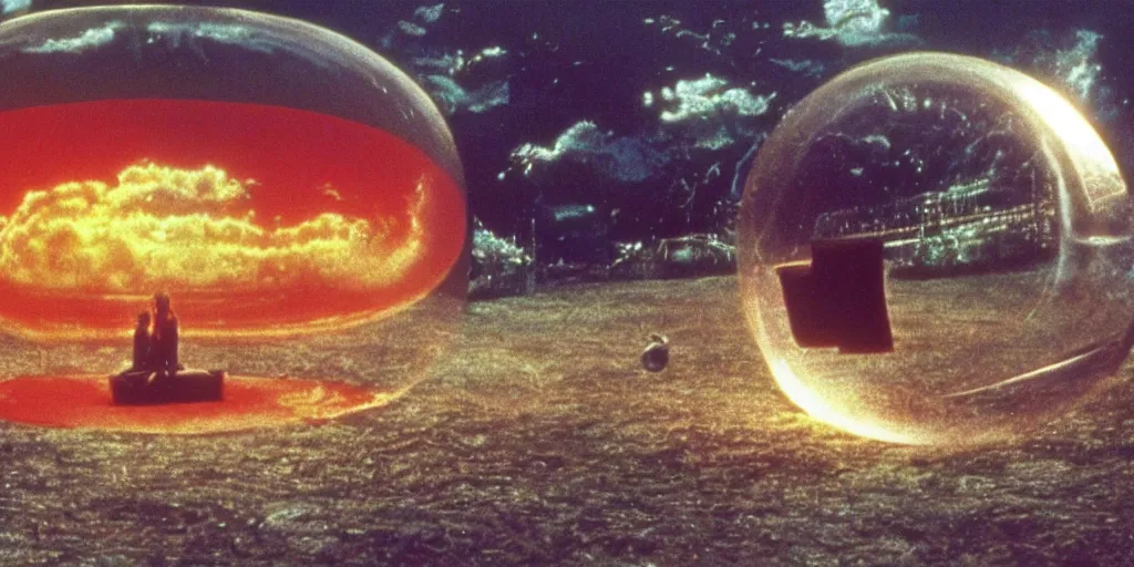 Prompt: hyperrealist studio ghibli dull colors pov shot from close encounters of the third kind 1 9 7 7 of a warped cube rocketing through a snake bubble.