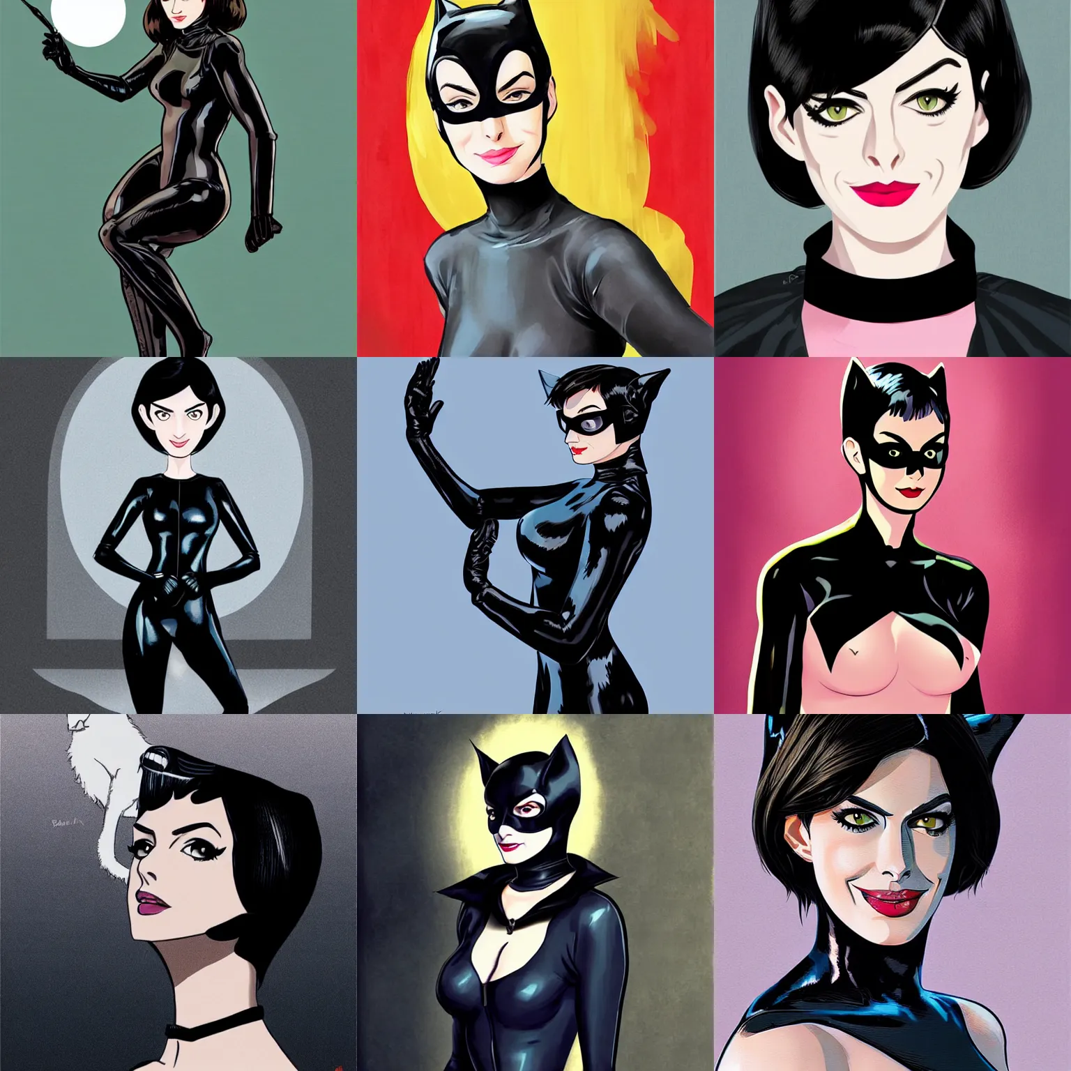 Prompt: anne hathaway as catwoman, in the style of ilya kuvshinov