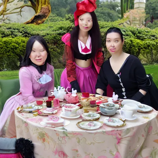 Prompt: Meilin Lee from Turning Red and Mirabel Madrigal from Encanto having a tea party, 8k, ultra realistic, highly detailed