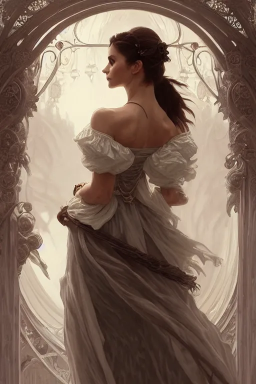 Image similar to Nina Dobrev dressed in a vaporous wrapped large victorian white roses cotton dress fashion, D&D, fantasy, intricate, elegant, highly detailed, digital painting, artstation, concept art, matte, sharp focus, illustration, art by Artgerm and Greg Rutkowski and Alphonse Mucha