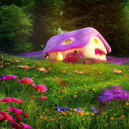 Image similar to fantasy little strawberry-like cottage among magical floral meadow partially covered with fog, photo realistic image, super detailed, 4K,cinematic look, H 1024